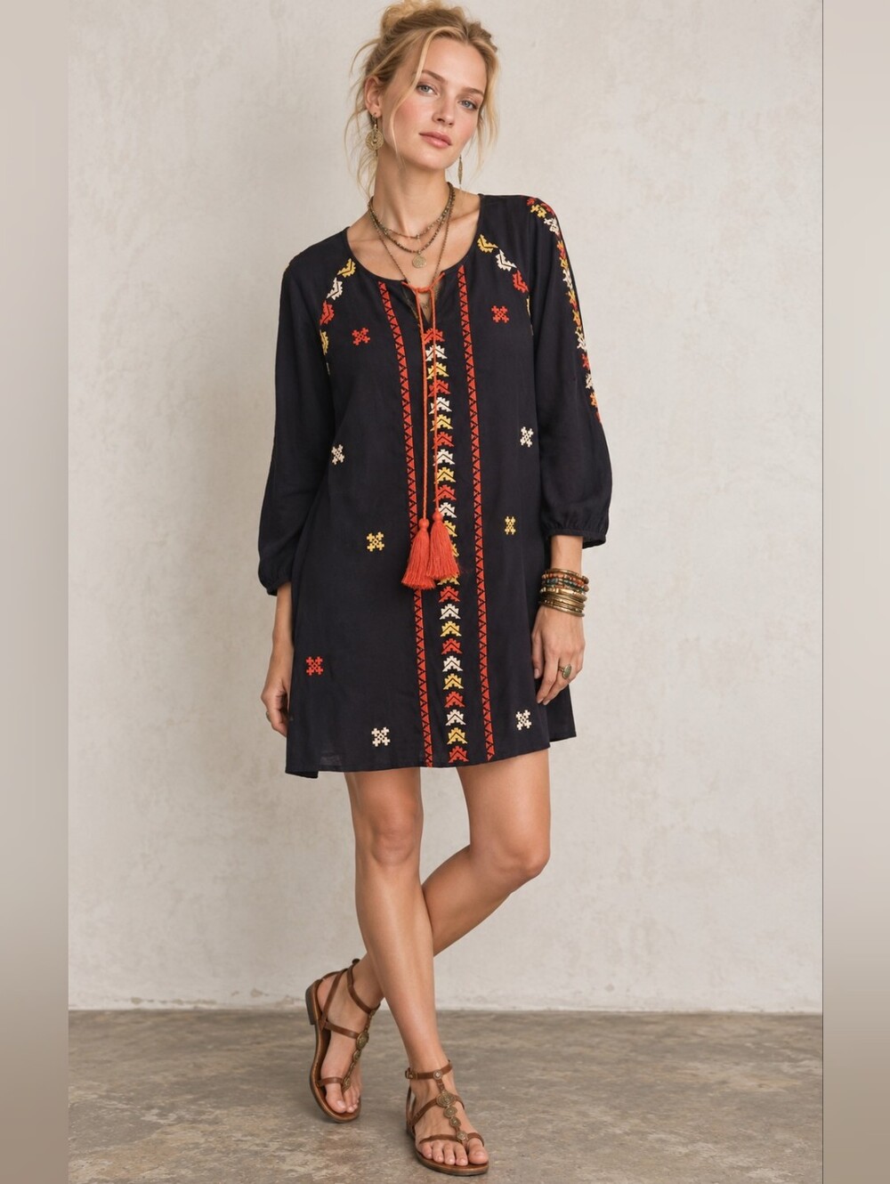 THML Navy Embriodered Shift Dress w Bohemian Geometric Design And Tassels